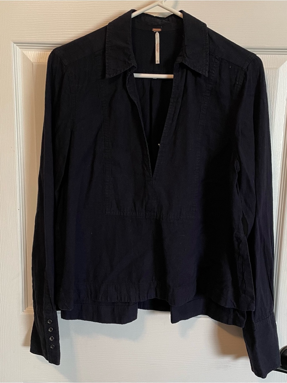 Free People Navy Linen Cotton Popover Blouse Size S